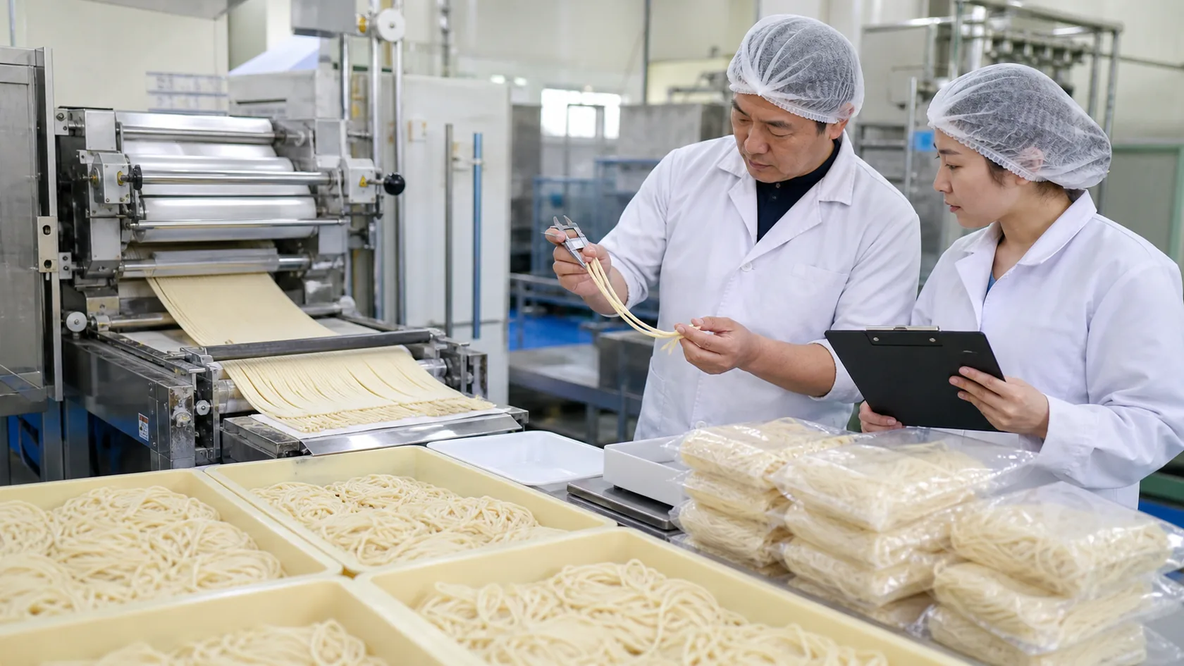 綾川町のうどん製造ラインで麺の太さと水分の規格外を確認する作業者