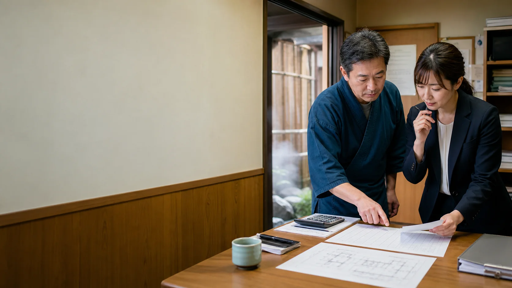 別府市の事業者が予約キャンセル、食材・人件費、光熱費、温泉設備修繕、決済・旅行会社の入金遅れによる資金不足日を確認する場面