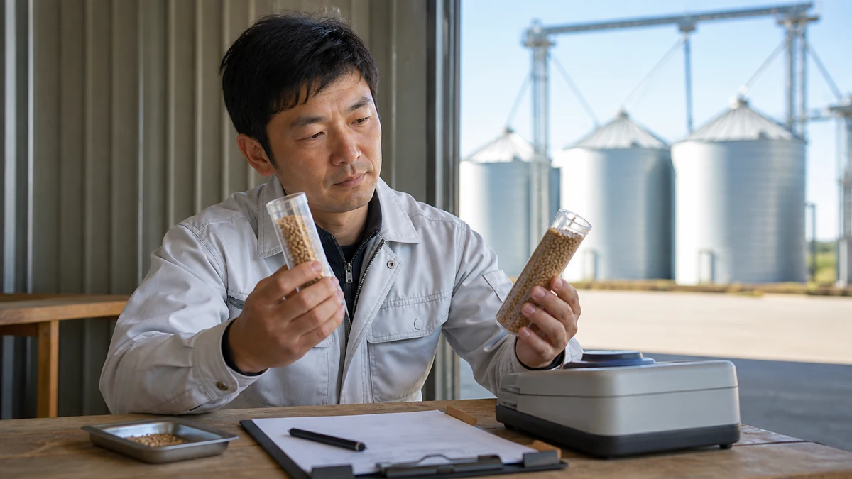 美瑛町の小麦出荷で試料と受入明細を確認する場面を想定した生成イメージ
