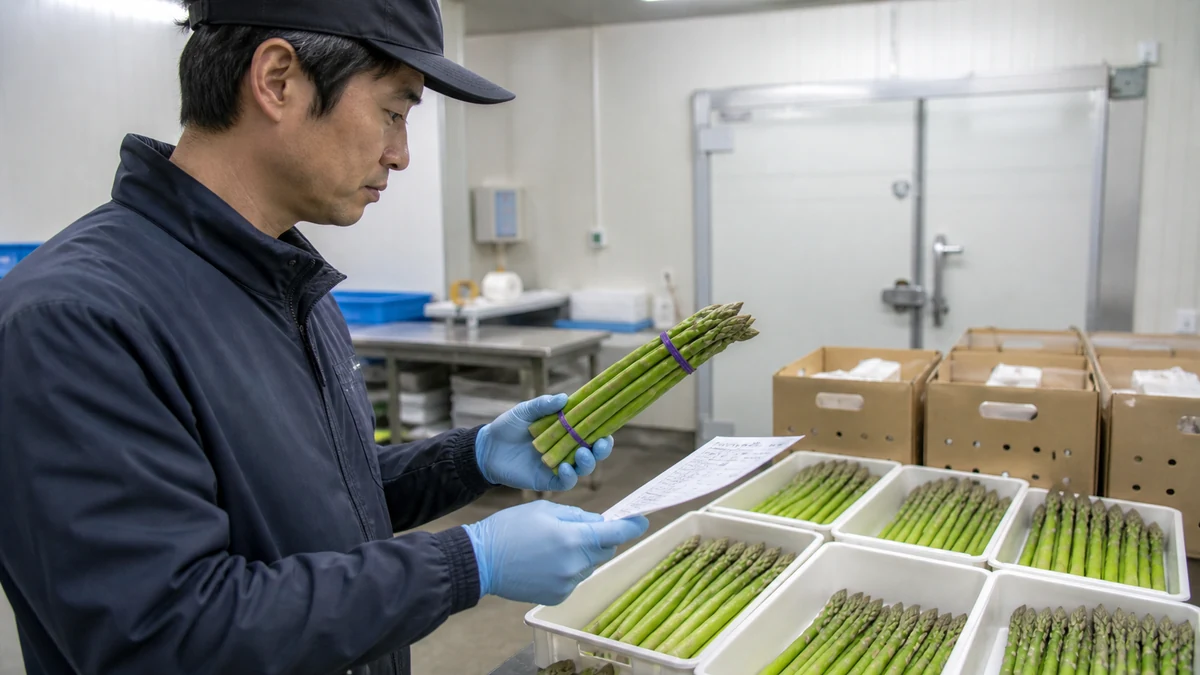 美深町のアスパラ出荷で太さ別の規格と注文を照合する場面を想定した生成イメージ