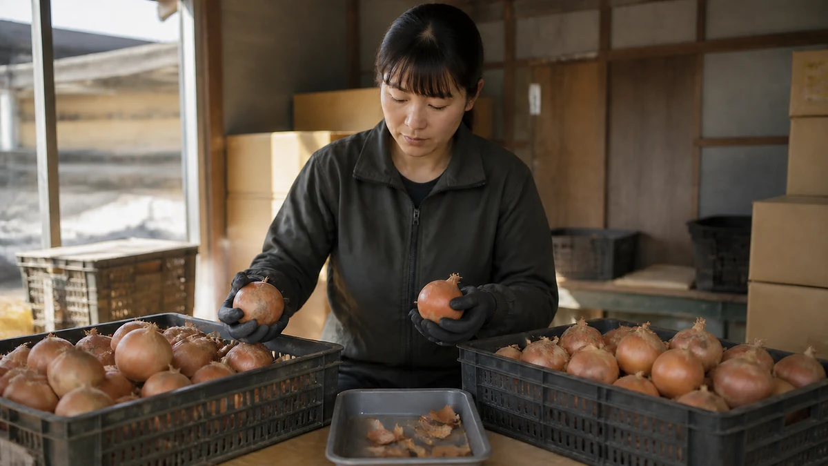 美幌町の玉ねぎを選別・保管する場面を想定した生成イメージ