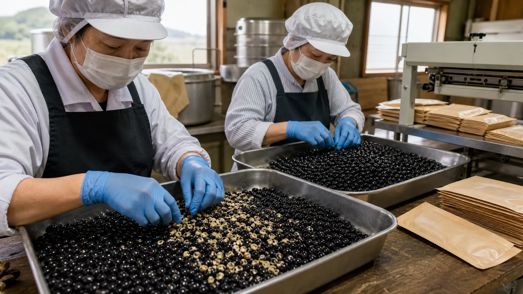 筑前町の農産加工場で、包装前の黒大豆から規格外品を選別する作業者