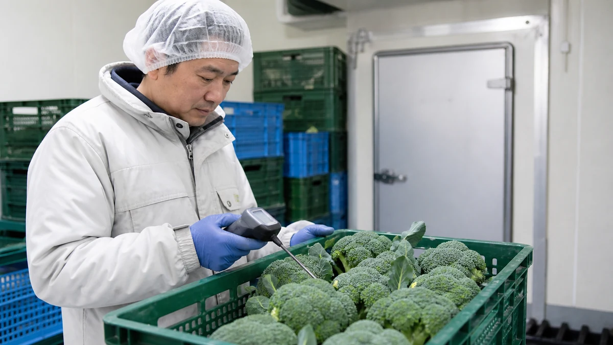 ブロッコリーの予冷保管を想定し、担当者が出荷前の状態を確認する生成イメージ