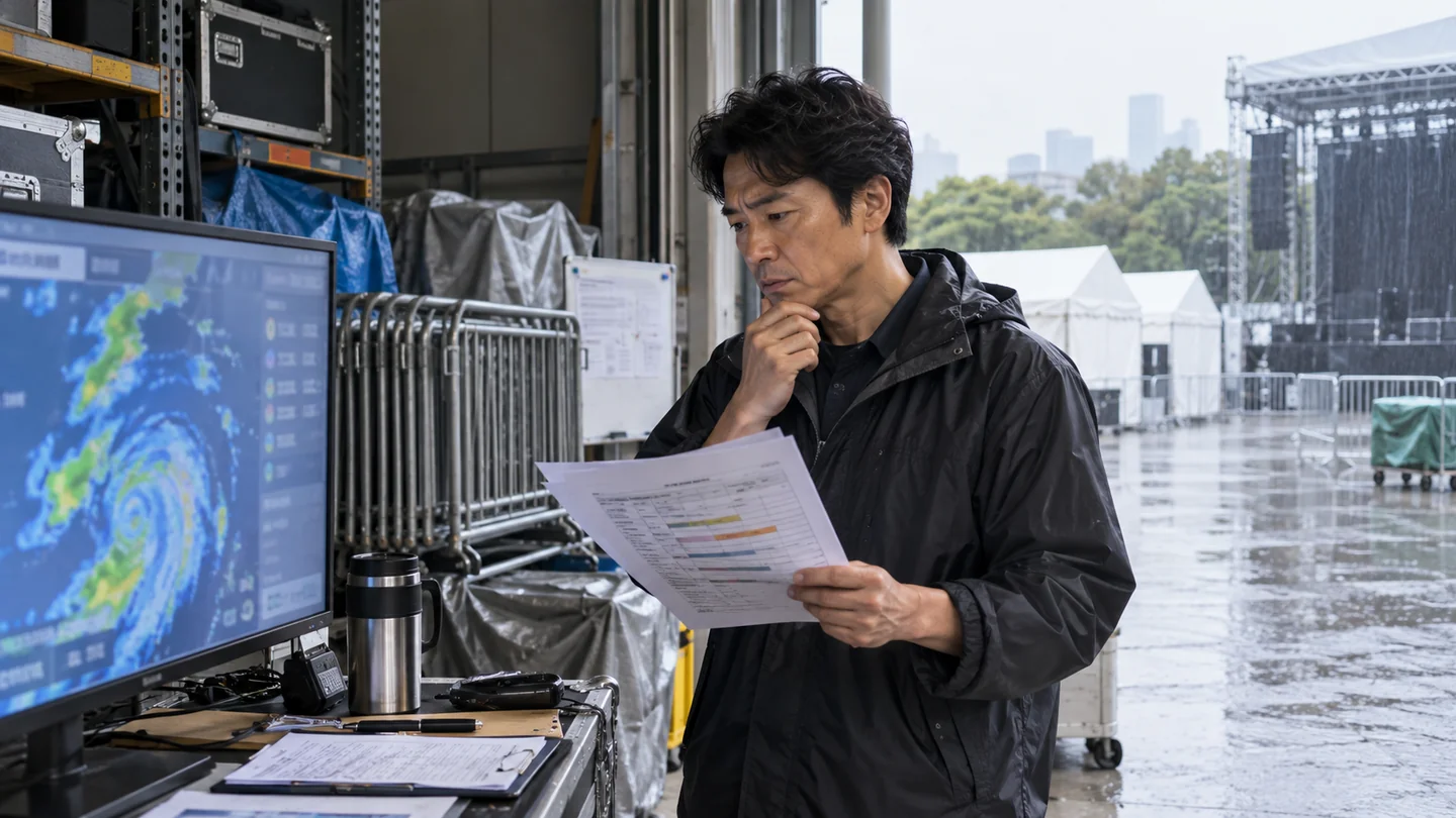 雨の日に催事の延期計画と機材の手配書類を見直す架空の担当者（AI生成イメージ）
