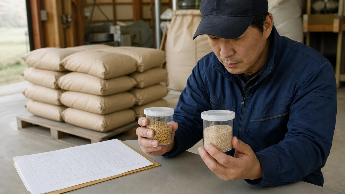 遠別町のもち米農家で籾と玄米の試料・出荷記録を照合する場面を想定した生成イメージ