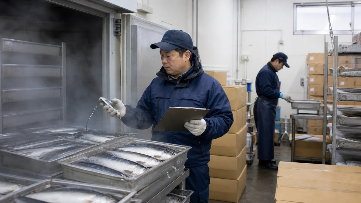 江差町の水産物冷凍施設でニシンの鮮度・サイズ・凍結棚・芯温・箱番号を確認し、冷凍出荷量を調整する担当者