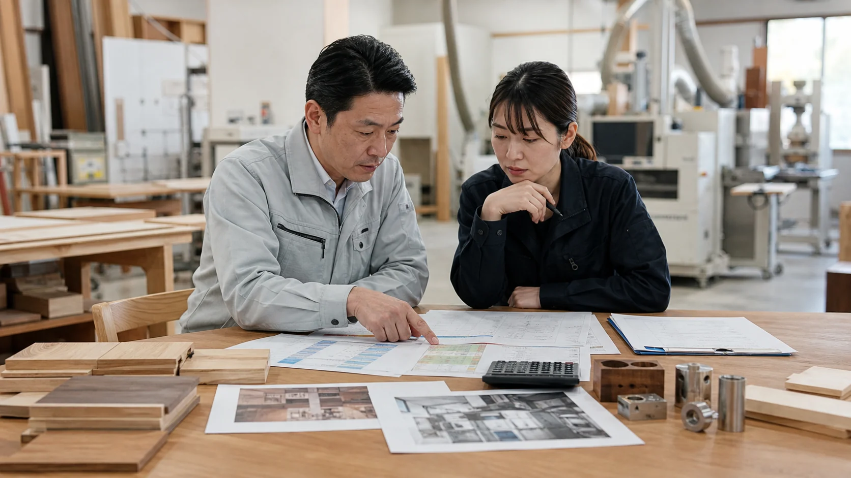 府中市の製造現場で部品見本と発注・試験日程を確認する担当者