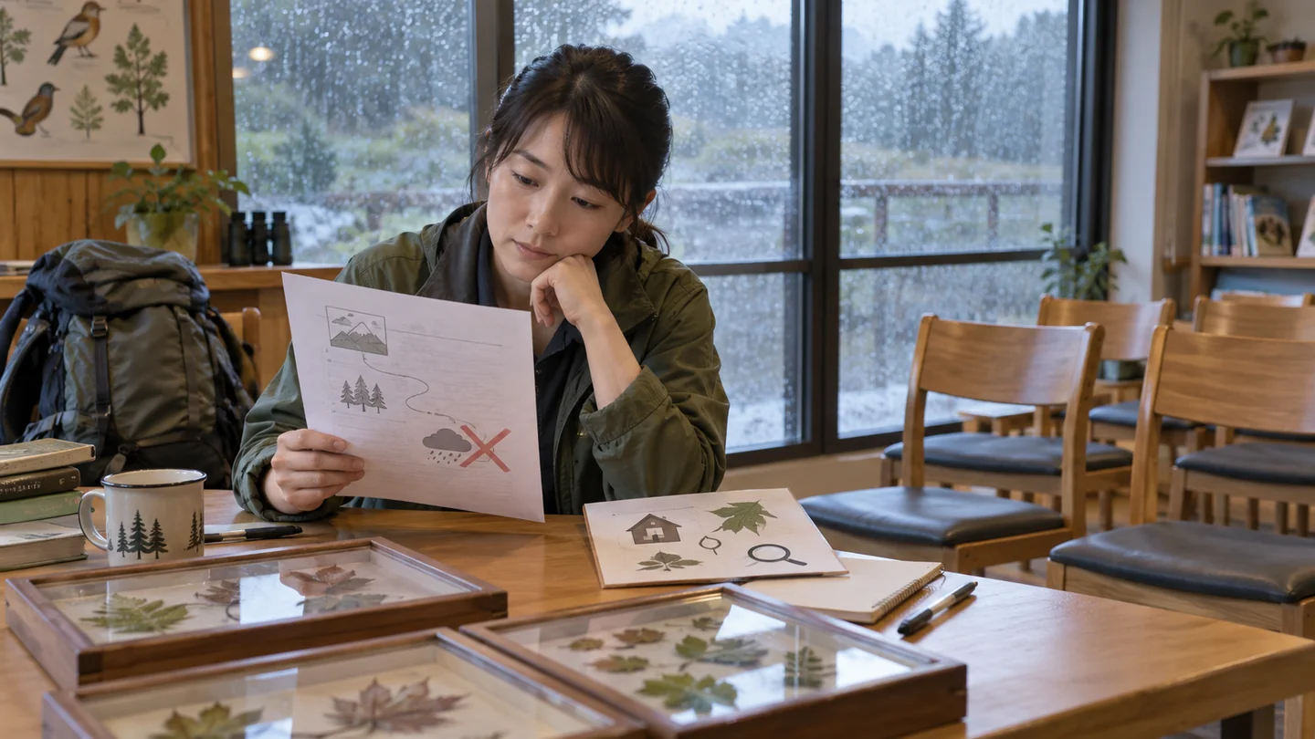 雨の日に架空のガイドが屋内の代替学習と精算予定を検討する場面（AI生成イメージ）