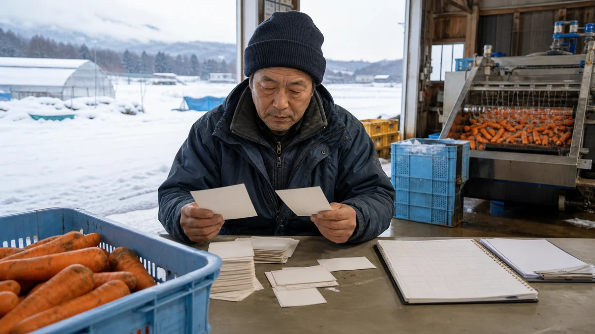 深浦町のふかうら雪人参の雪中収穫・選別・出荷で支払日と検収後の入金日がずれる状況を想定した生成イメージ