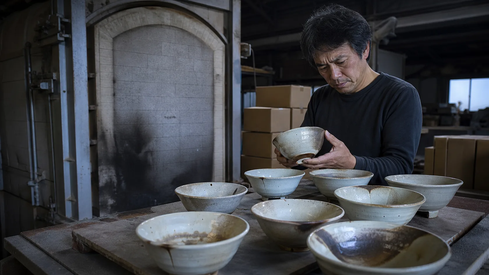 福智町の上野焼工房で焼成後の変形と釉薬不良を確認する陶工