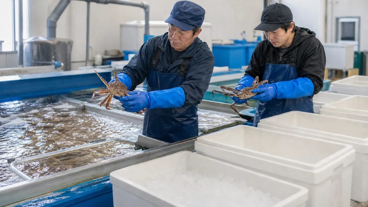 越前町でしけによる水揚げ変動と活力・殻状態の差による等級変更を確認する担当者
