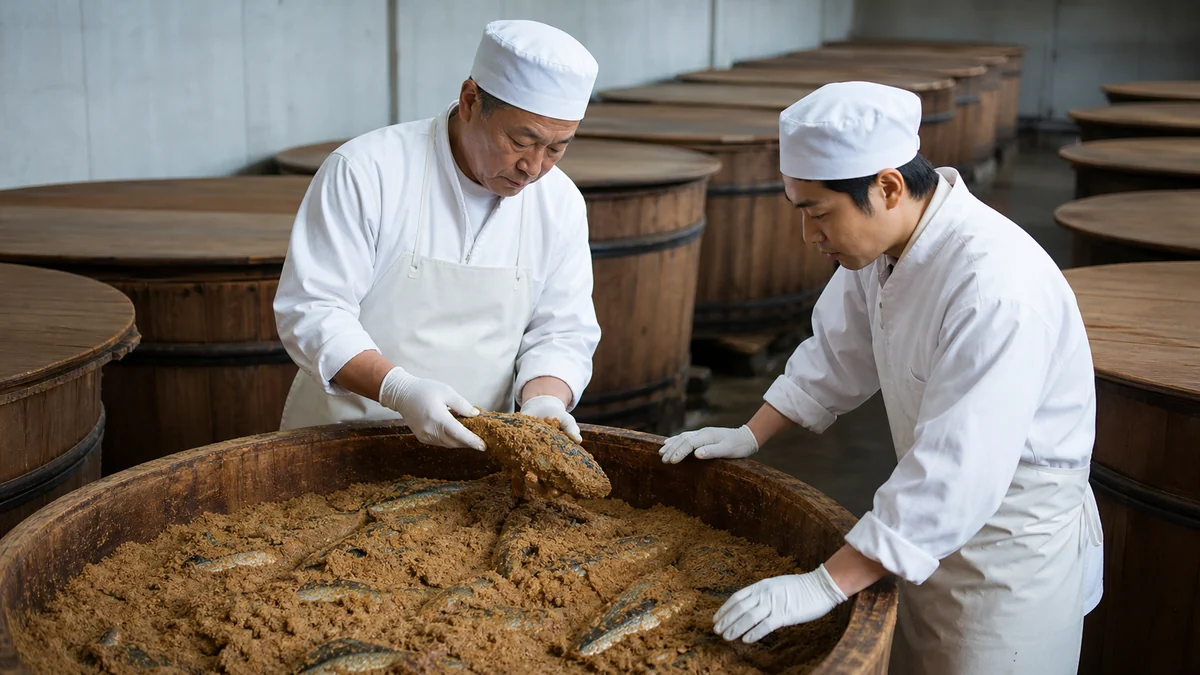 美浜町で原料脂質、塩分、樽温度の差による長期熟成後の等級変更を確認する担当者
