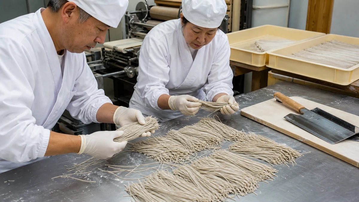 南越前町で湿度、加水、麺厚の差による麺切れ・重量不足・再包装を確認する担当者
