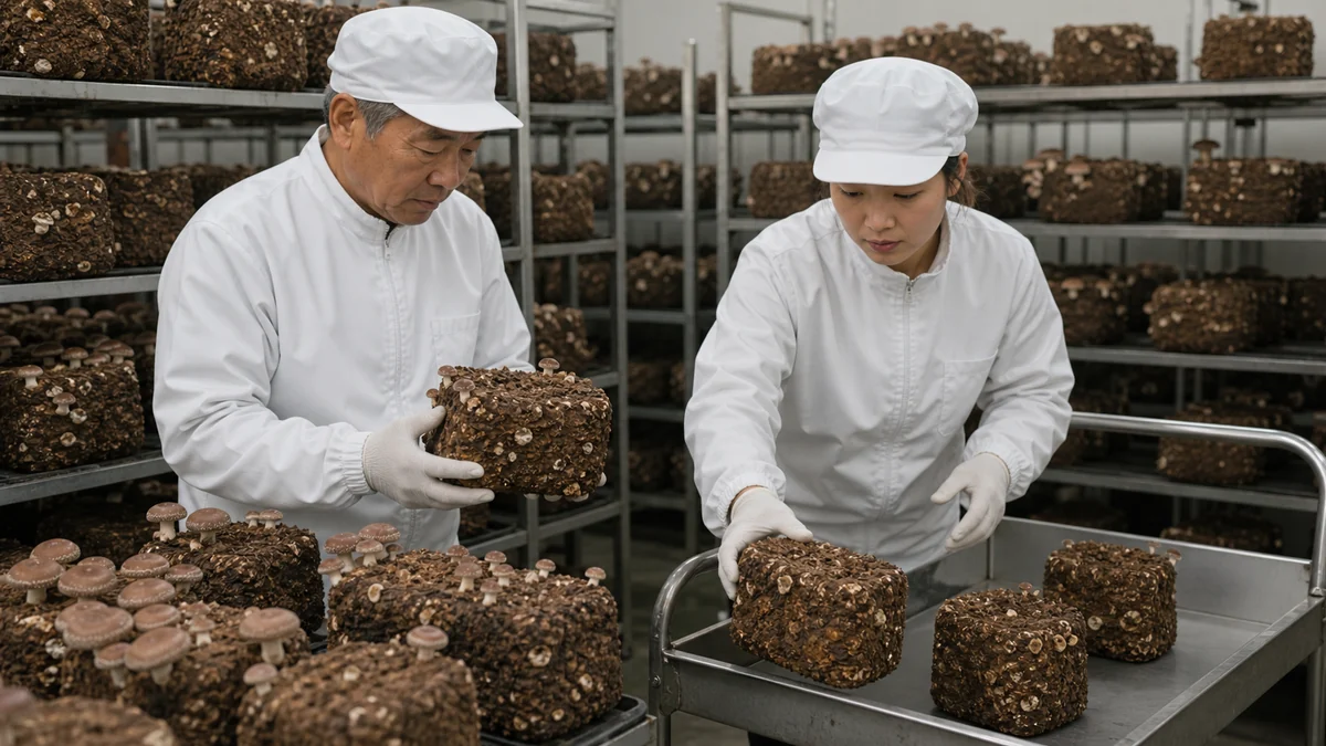 おおい町で培地水分、殺菌、培養温度のずれによる発生不良や雑菌ロスを確認する担当者