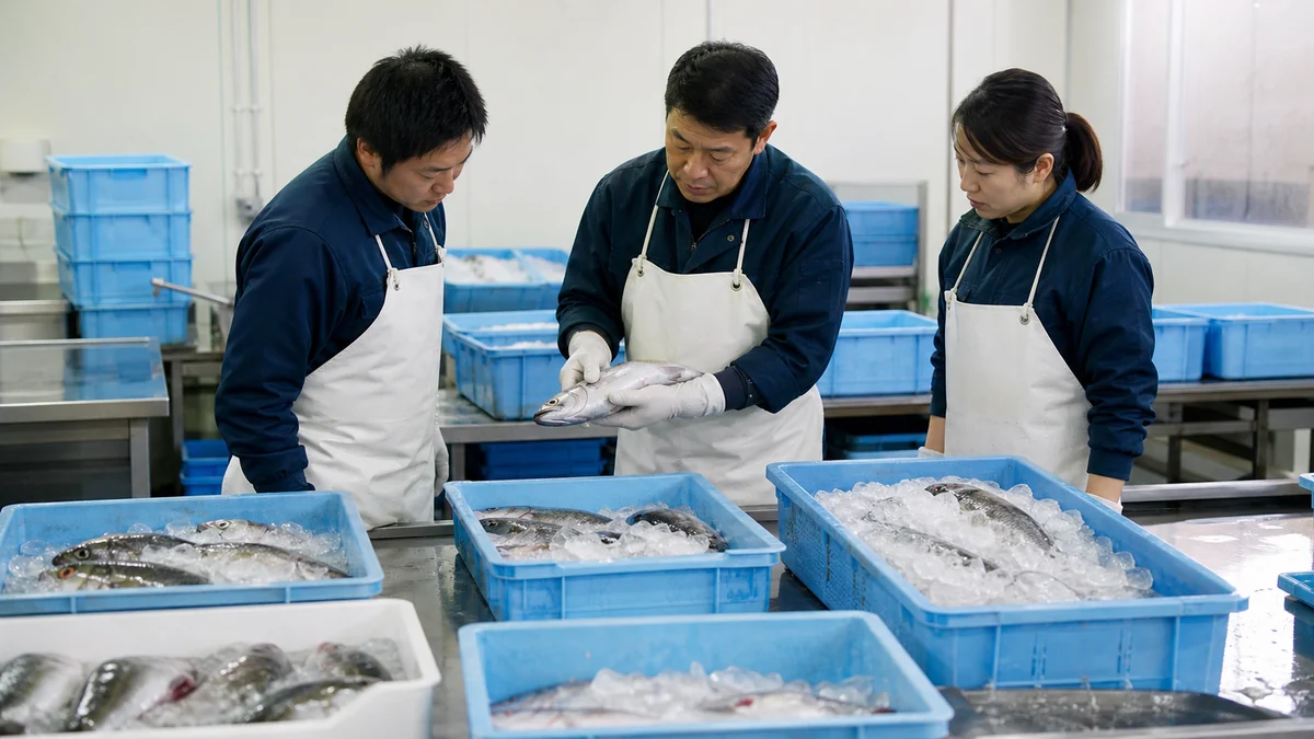 高浜町で漁獲魚種とサイズの変動や処理待ちによる歩留まり・鮮度の低下を確認する担当者