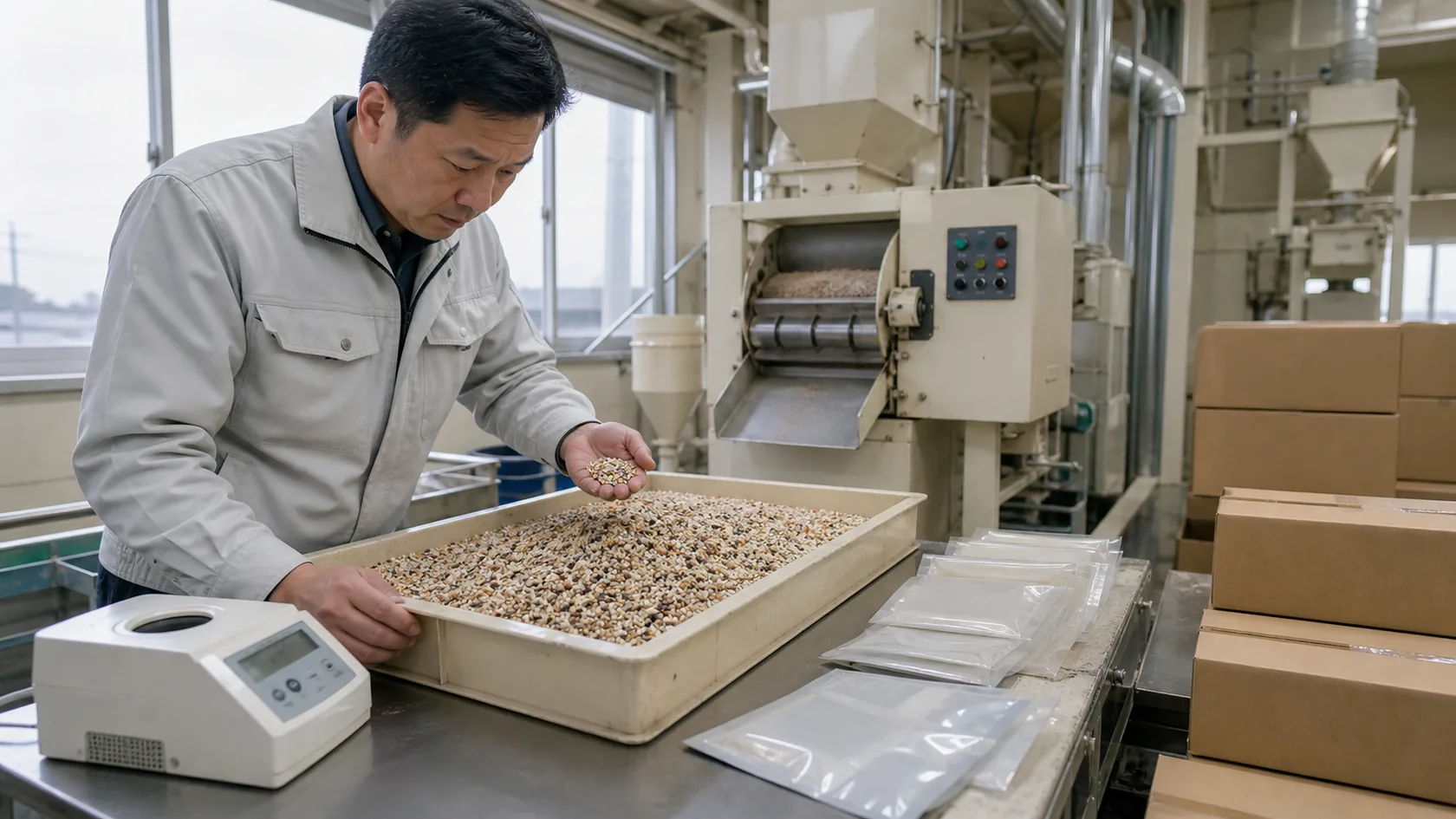 福崎町のもち麦加工場で割れ粒と精麦歩留まりを確認する担当者