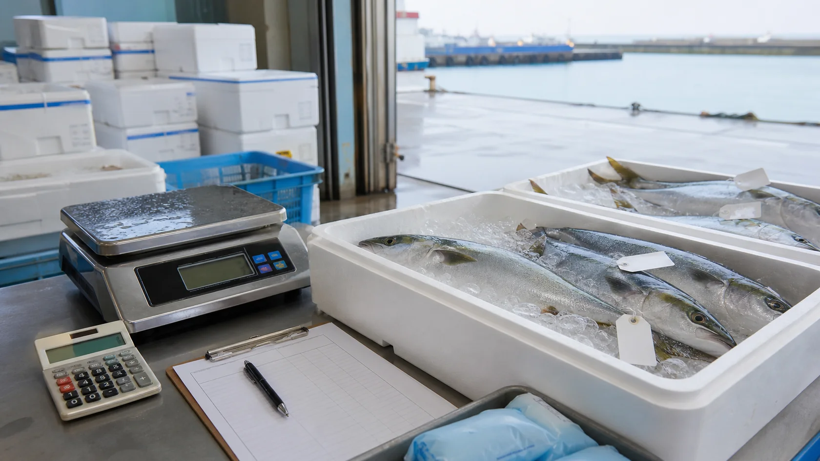 鮮魚の重量記録と納品伝票を照合する架空の低温作業場（AI生成の説明用イメージ）
