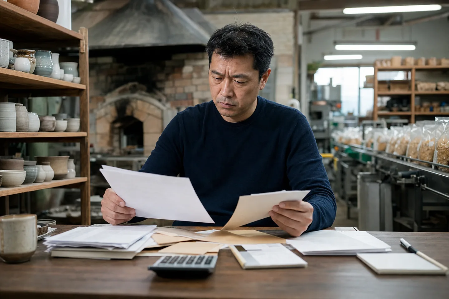 恵那市の事業者が窯炉と食品包装設備の前で支払書類を確認する様子