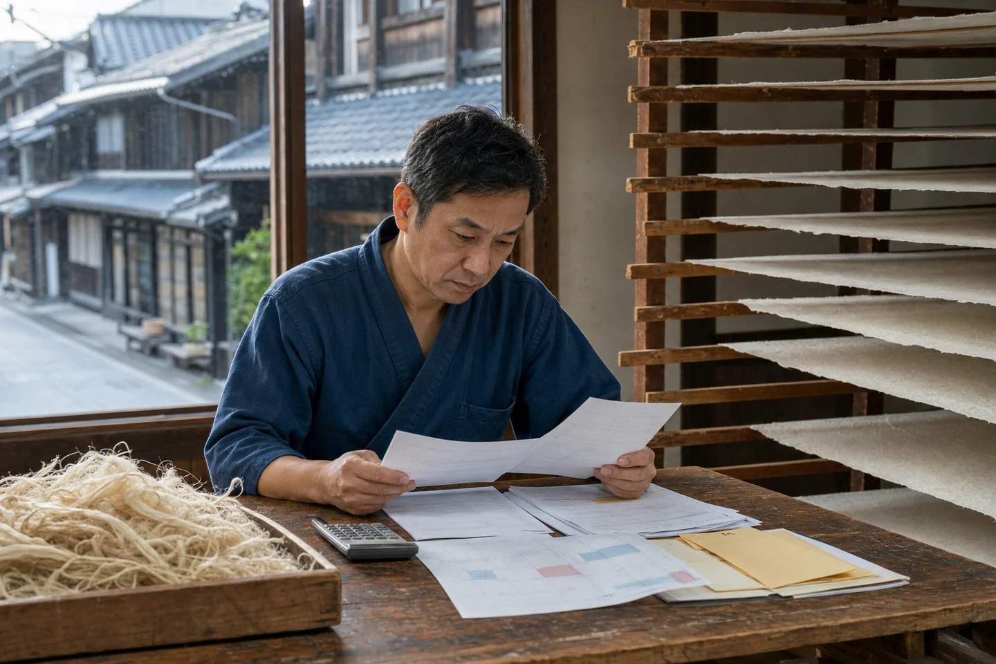 美濃市の和紙事業者が楮や乾燥設備の支払書類を確認する様子