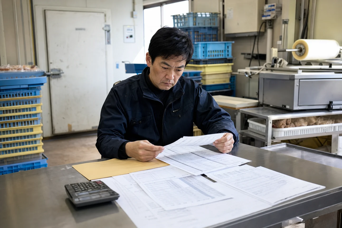 美濃加茂市の事業者が材料費と包装費と冷蔵設備費を確認する様子