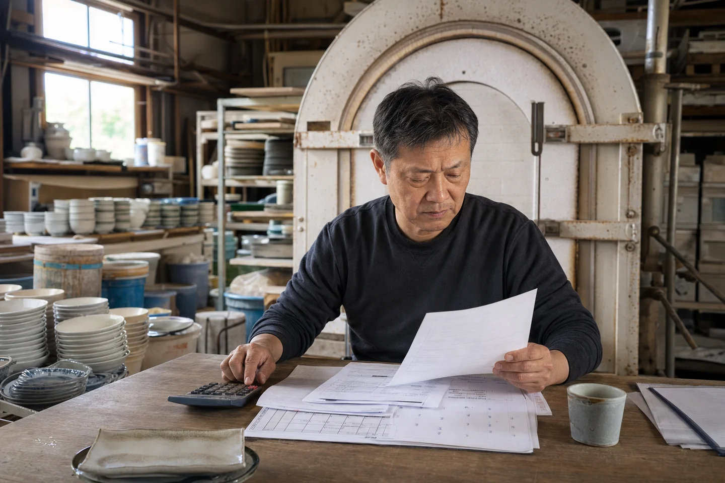 瑞浪市の陶磁器事業者が窯の光熱費と材料費の書類を確認する様子