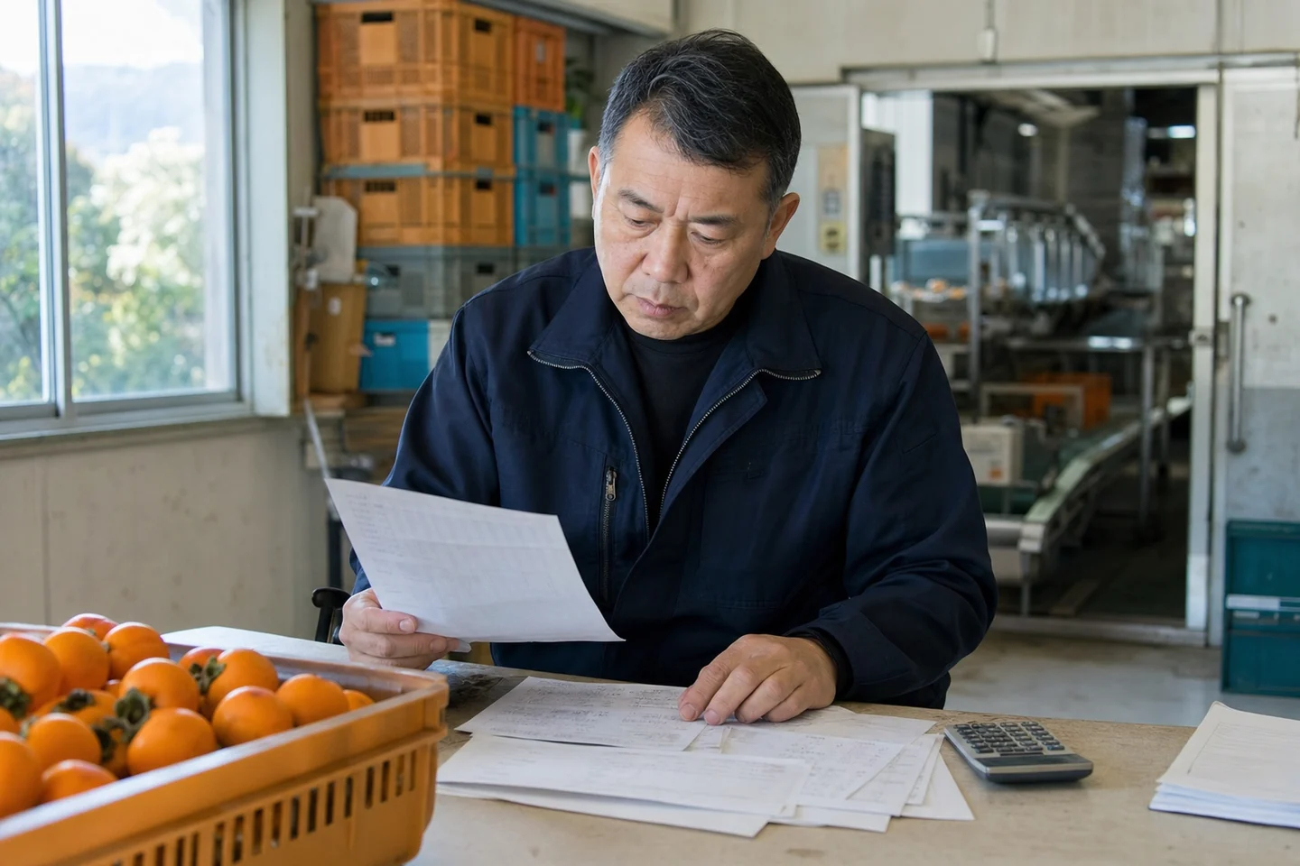 本巣市の食品加工事業者が原料や包装資材の請求書を一人で確認する様子