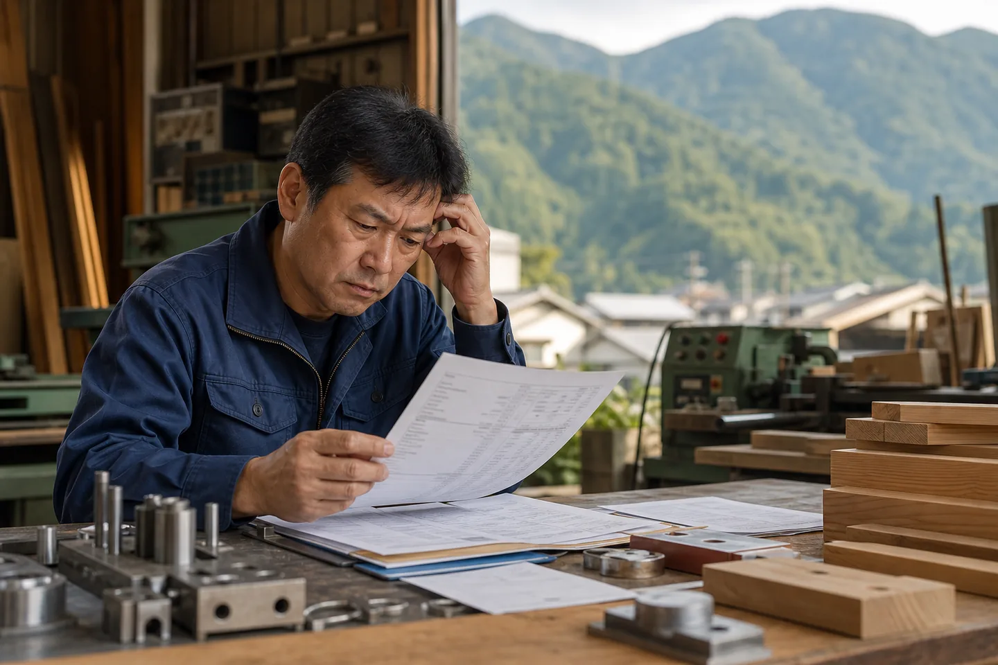 中津川市の事業者が金属材料費と木材費の請求書を確認する様子