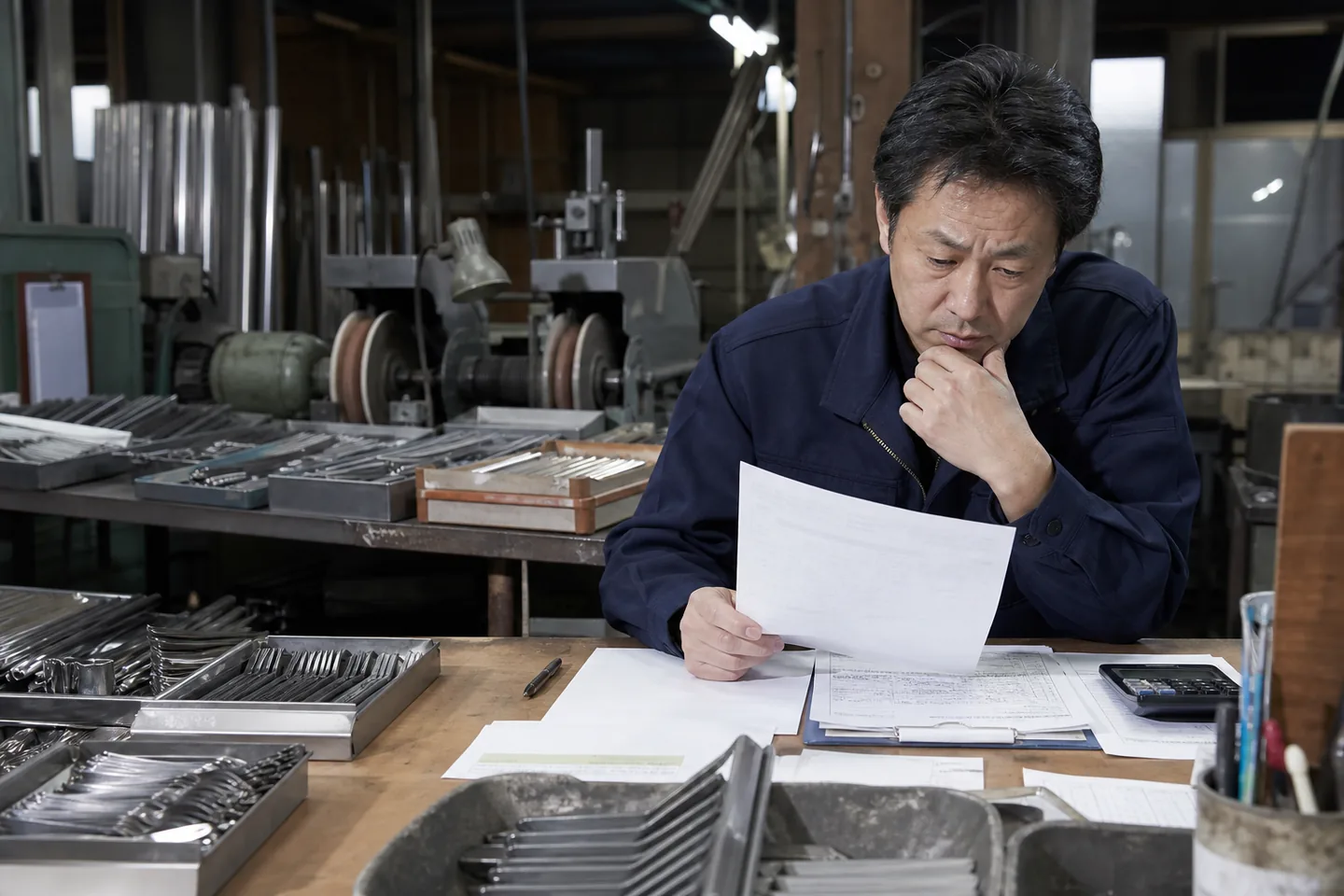 関市の刃物事業者が特殊鋼材費・研磨外注費・納期を確認する様子