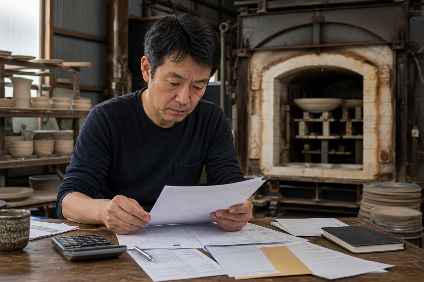 土岐市の陶磁器事業者が原料と窯燃料と包装費の請求書を確認する様子