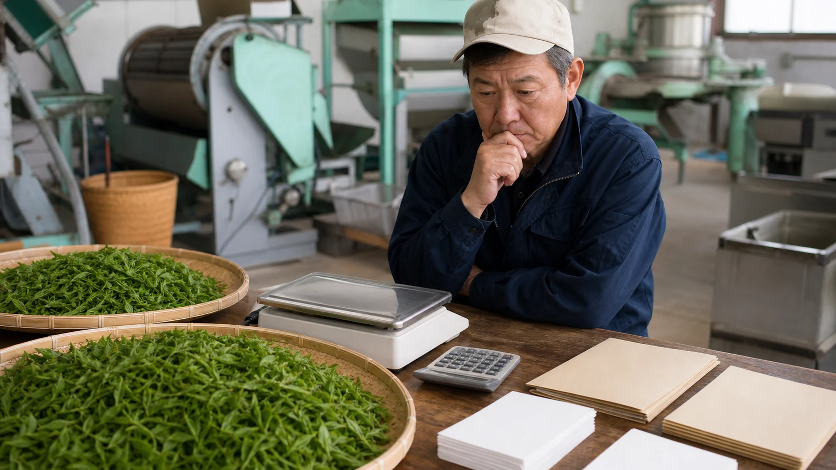 荒茶ロットと品質検収精算を確認する架空茶農家（AI生成の説明用イメージ）