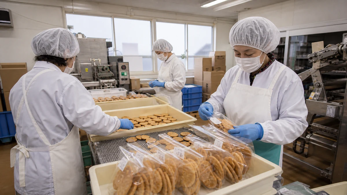 五戸町の南部せんべいの仕込み・焼成・包装出荷で支払日と検収後の入金日がずれる状況を想定した生成イメージ