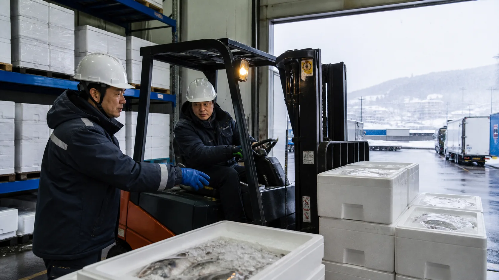八戸市の冷蔵倉庫で降雪時の水産品出荷と配送車両を確認する現場
