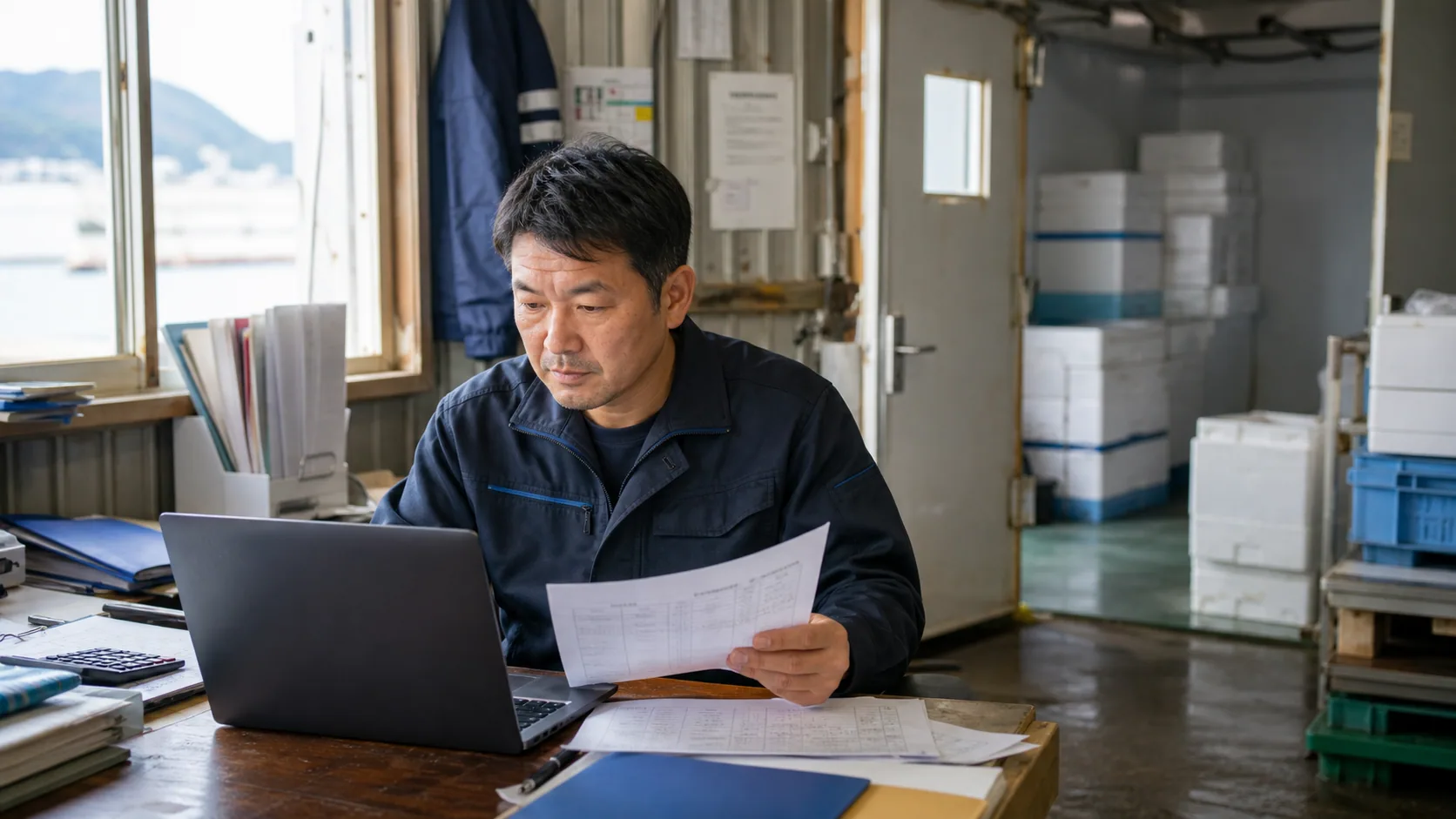 浜田市の経営者が冷凍在庫表と運賃明細から資金繰りの谷を確認する場面