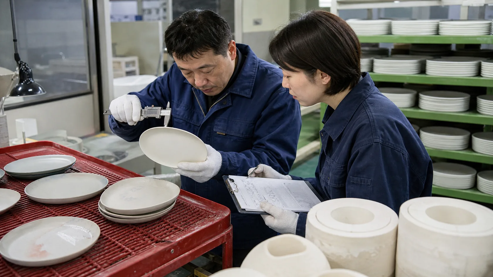 波佐見町の磁器工場で肉厚差・変形・転写ずれの食器を隔離し、型回数と鋳込時間を確認する担当者