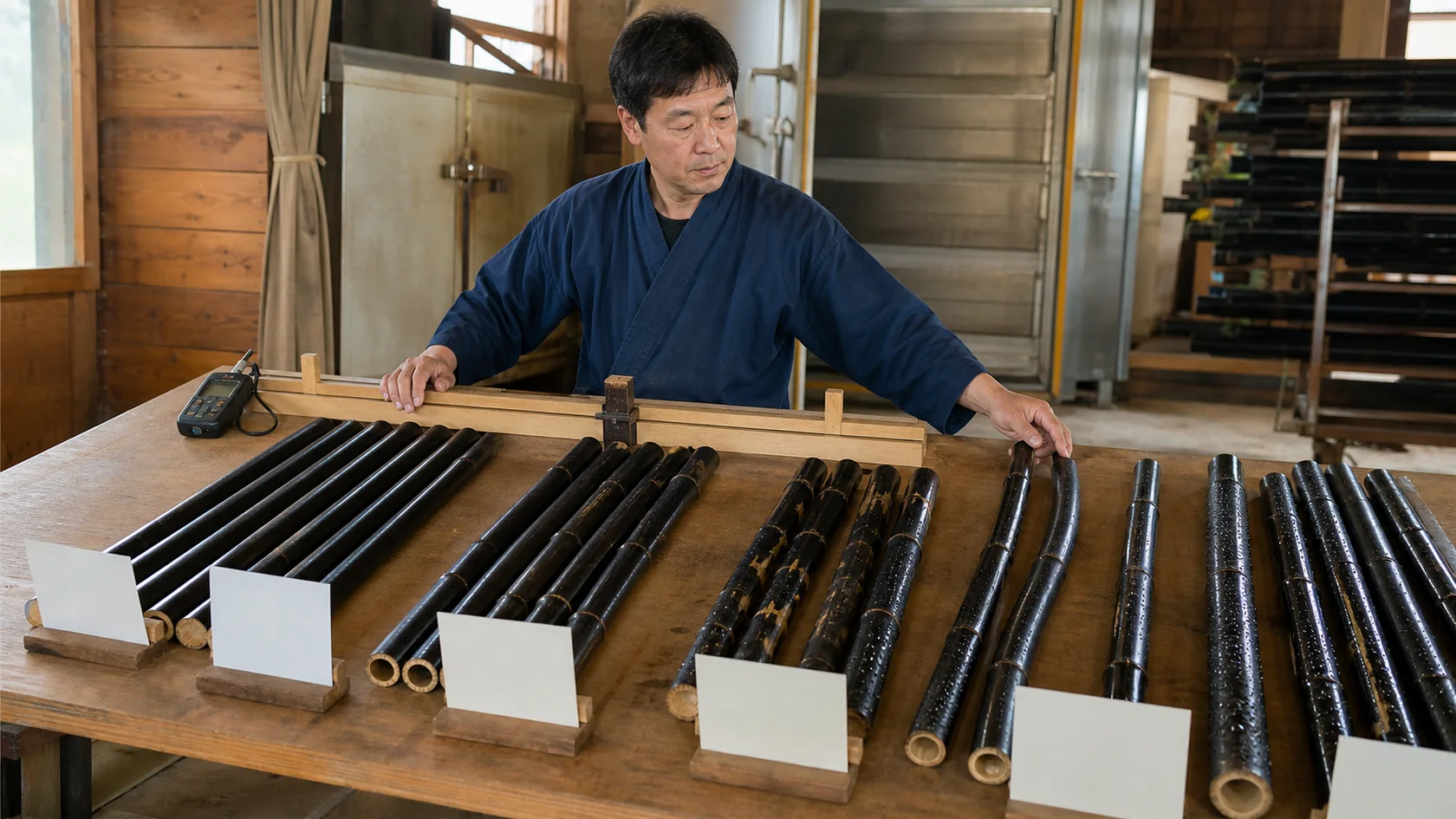 日高町の黒竹加工場で割れ・曲がり戻り・色むら・乾燥不足材を隔離し、油抜きと乾燥記録を照合する担当者