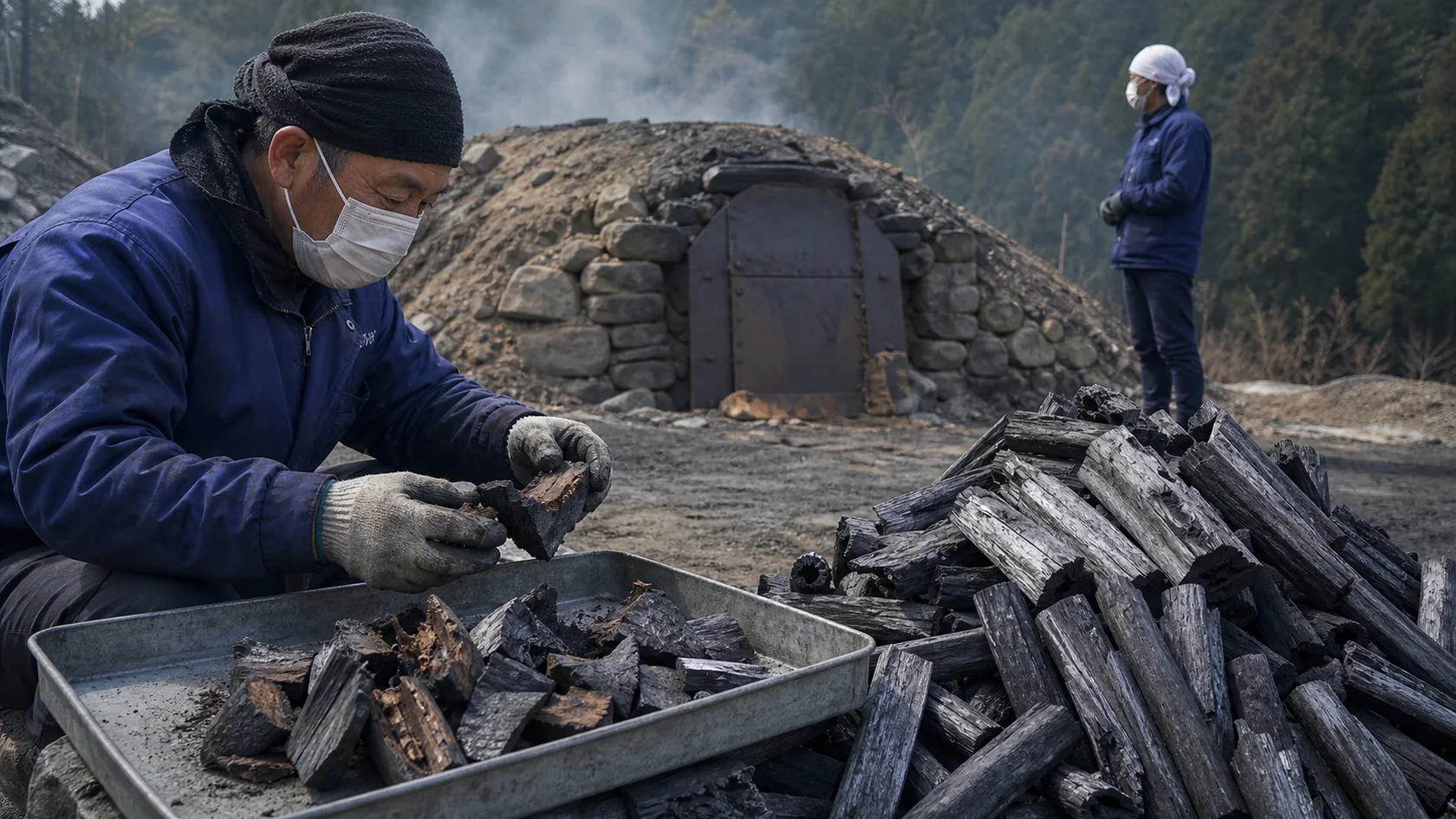 日高川町の製炭場で割れ・未炭化・灰化した炭を隔離し、窯番号と温度推移記録を照合する担当者