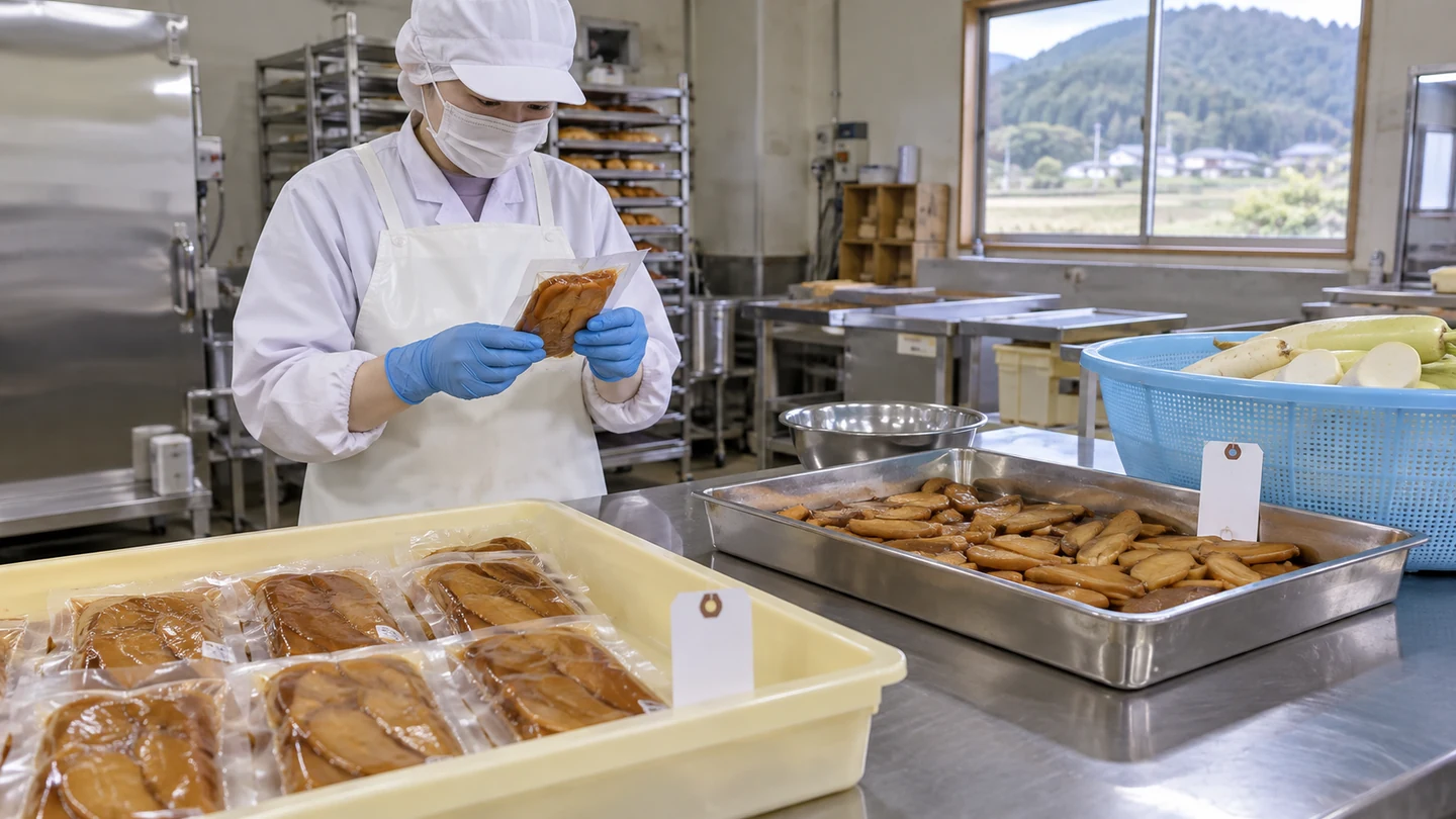 架空の食品加工担当者が燻煙ロットと包装予定を確認する場面（AI生成イメージ）