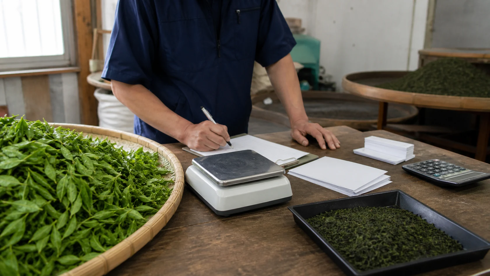 生葉搬入票と荒茶の販売明細を照合する架空の茶農家（AI生成の説明用イメージ）