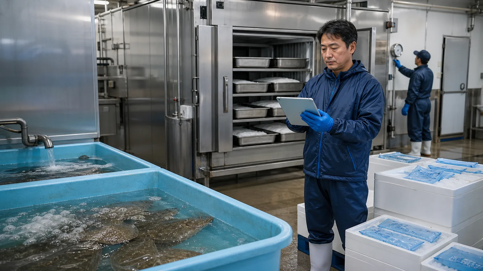 日出町の城下かれいの活魚受入れ・下処理・急速冷凍・真空出荷で在庫・設備容量・出荷予定を確認する担当者
