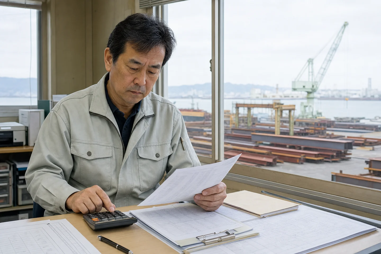 姫路市のプラント工事会社経営者が鋼材費と協力会社費の請求書を確認する様子