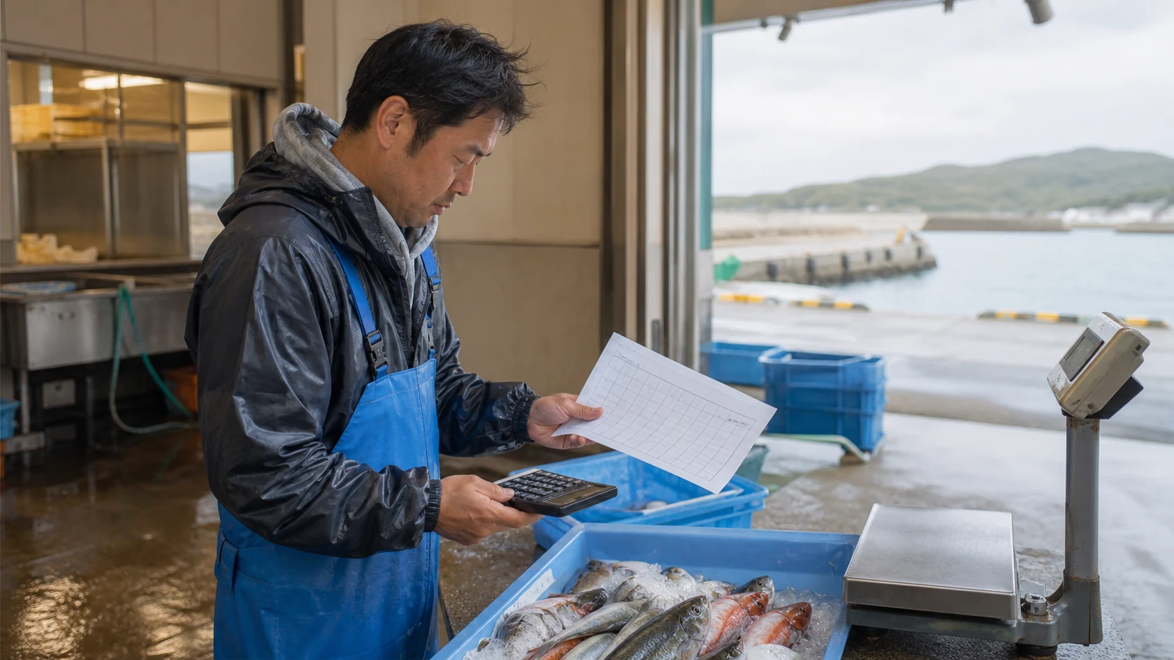 水揚げ箱と市場売立精算資料を確認する架空漁業者（AI生成の説明用イメージ）