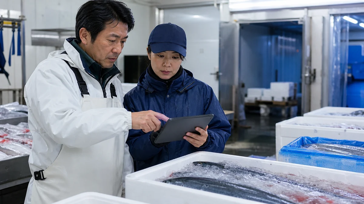 氷見市の冷蔵施設で鮮魚在庫と配送予定を確認する担当者