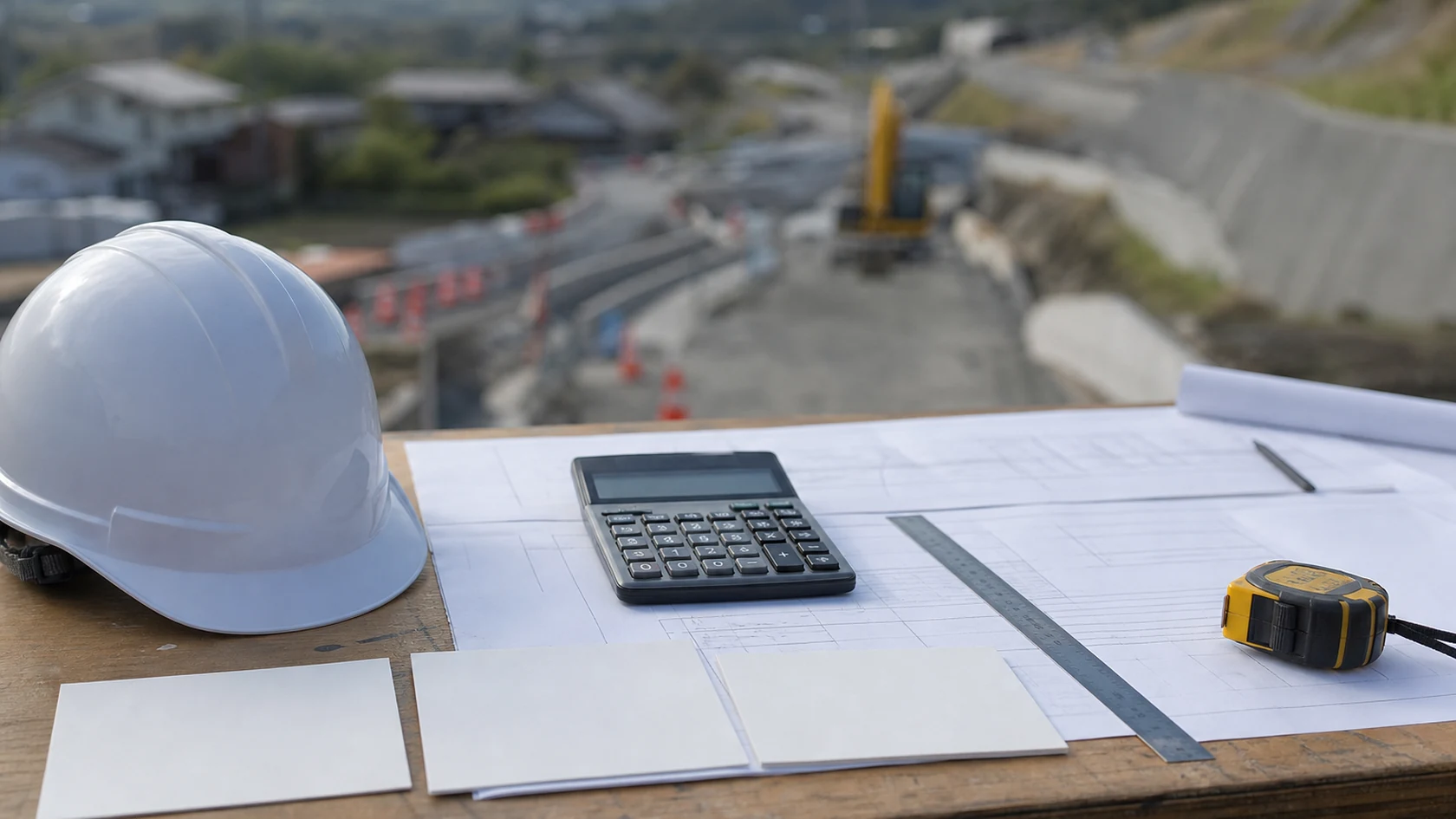 設計変更と出来高検査資料を確認する架空建設事業者（AI生成の説明用イメージ）