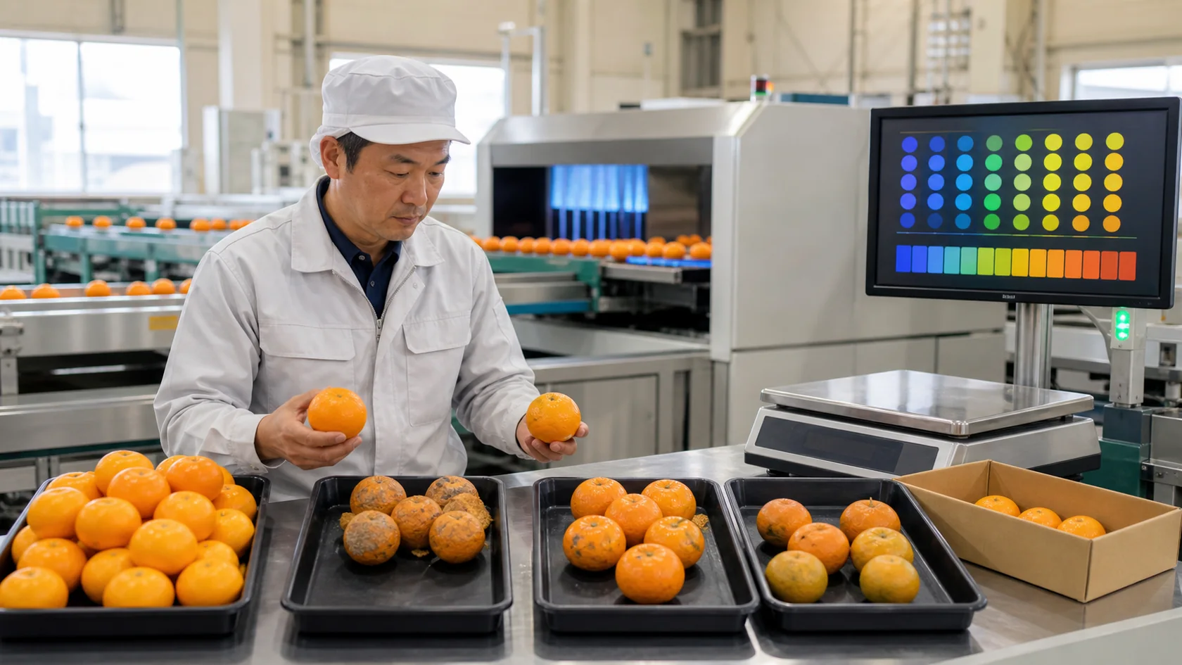 広川町のみかん選果場で糖酸度外れ・外観傷・腐敗・重量不足箱を隔離し、園地と光センサー記録を照合する担当者