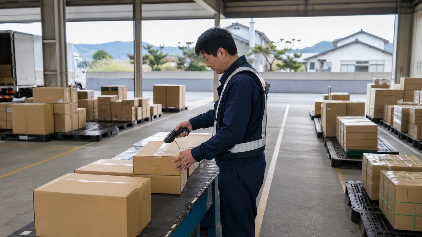 久山町の配送モデルで出荷便と荷物を照合する物流担当者（AI生成の説明用イメージ）