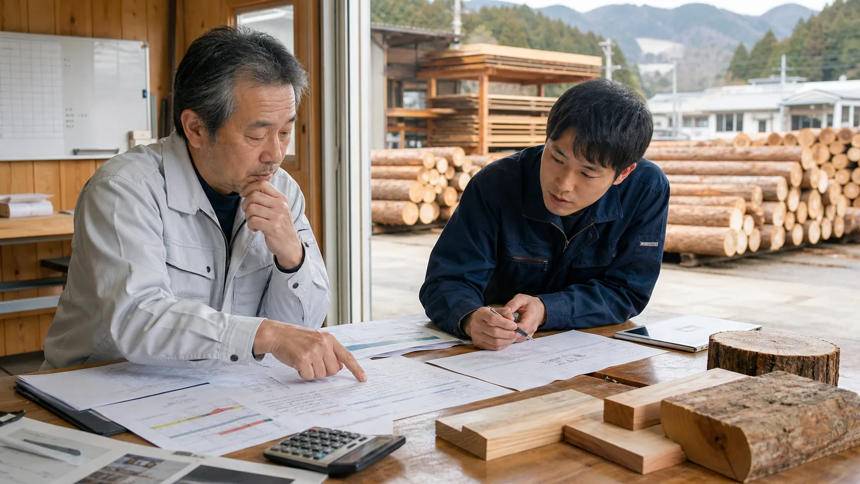 日田市の経営者が原木受払簿と乾燥記録から資金不足週を確認する場面