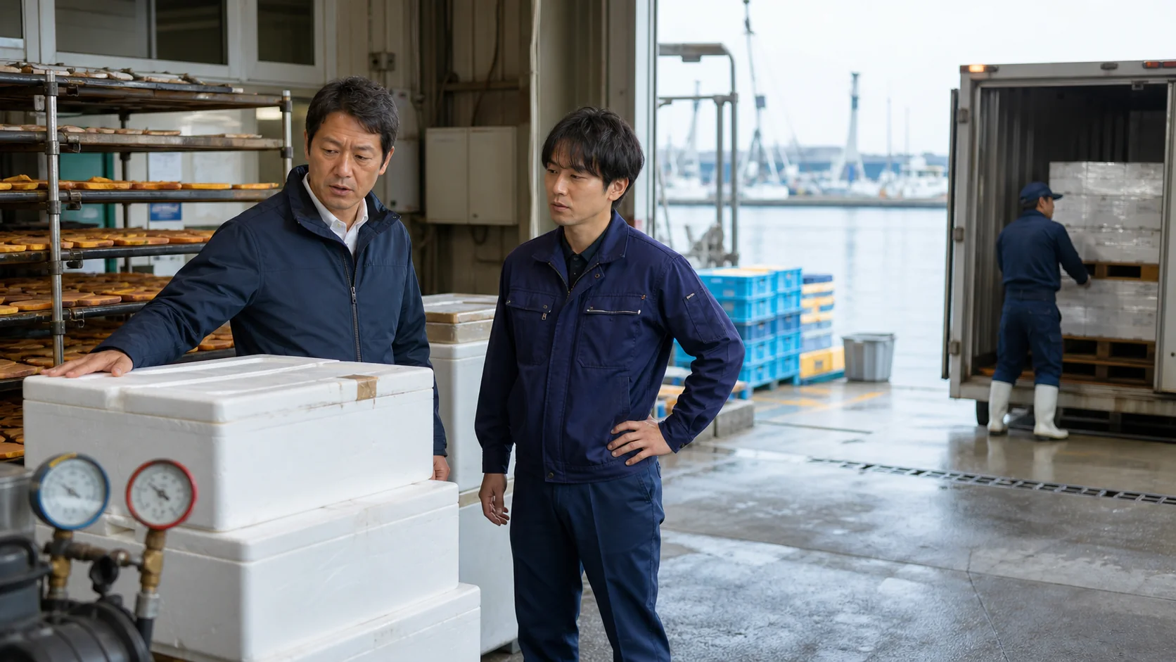 ひたちなか市の事業者が原料相場・冷蔵乾燥費・燃料費・港湾検収による資金不足日を確認する場面
