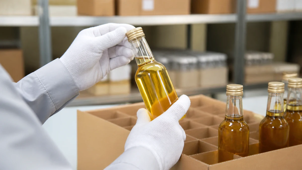 ひまわり油の出荷を想定し、瓶の封と充填状態を点検する生成イメージ