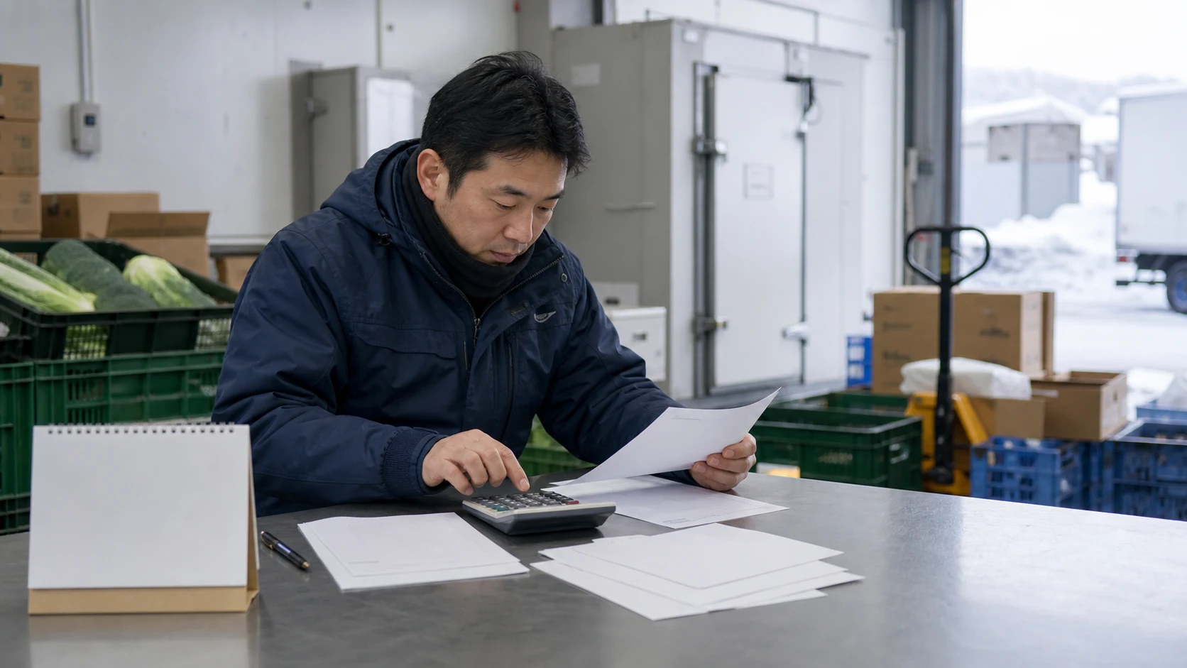 北斗市で作付け前の資材、飼料の継続購入、加工前の原料・包材、冷蔵配送費、冬期工事の暖房・除雪費の支払いを点検する事業者