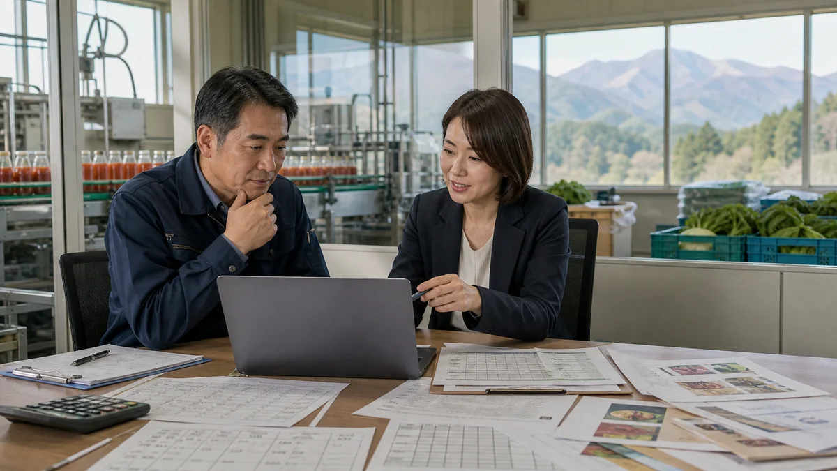 北杜市の食品製造事業者が原料費と設備費の資金計画を確認する様子
